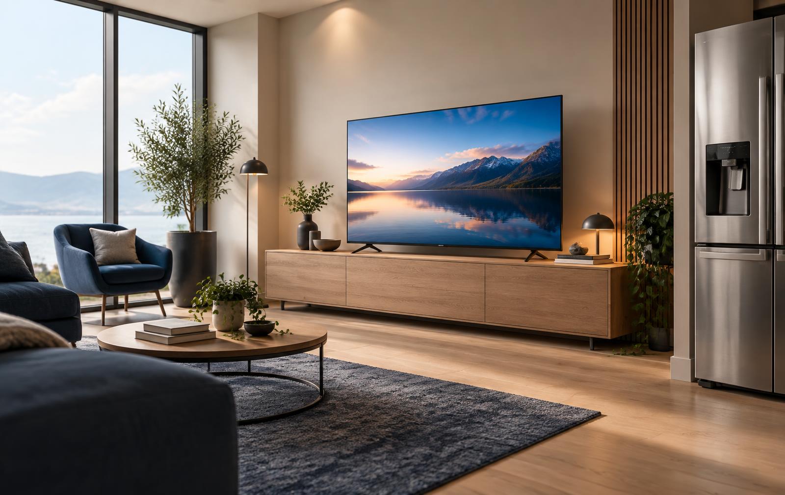 Modern living room with a flat-screen smart TV and home appliances