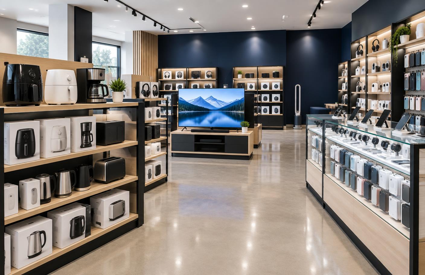 Tidy electronics retail interior with display shelving